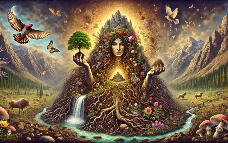 Toprak İyesi (Yer Ana) – Dağlar, ağaçlar ve nehirlerle bütünleşmiş dişi ruh; doğurganlığın ve yaşam döngüsünün simgesi